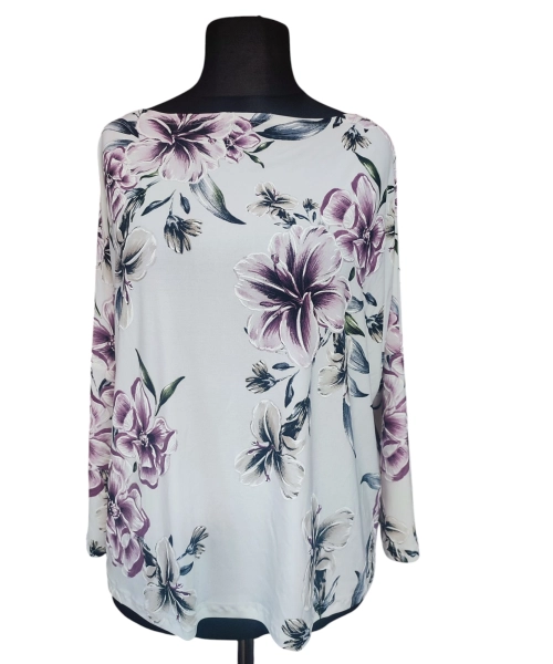 Biała bluzka z rękawem kimono - wiosenne fioletowe kwiaty